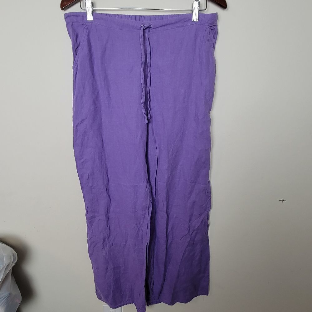 Flax Purple Linen Drawstring Pull on Pants Small